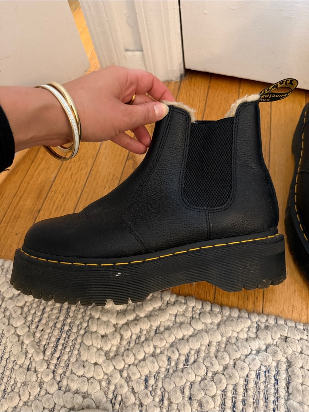 Dr. Martens Black Leather Platform Chelsea Boots with Faux Fur Lining - Picture 4 of 4
